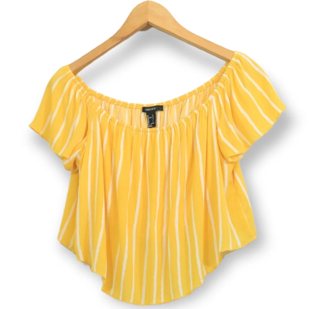 Forever 21 Yellow Striped Gauzy Off Shoulder Crop Top - Picture 1 of 7